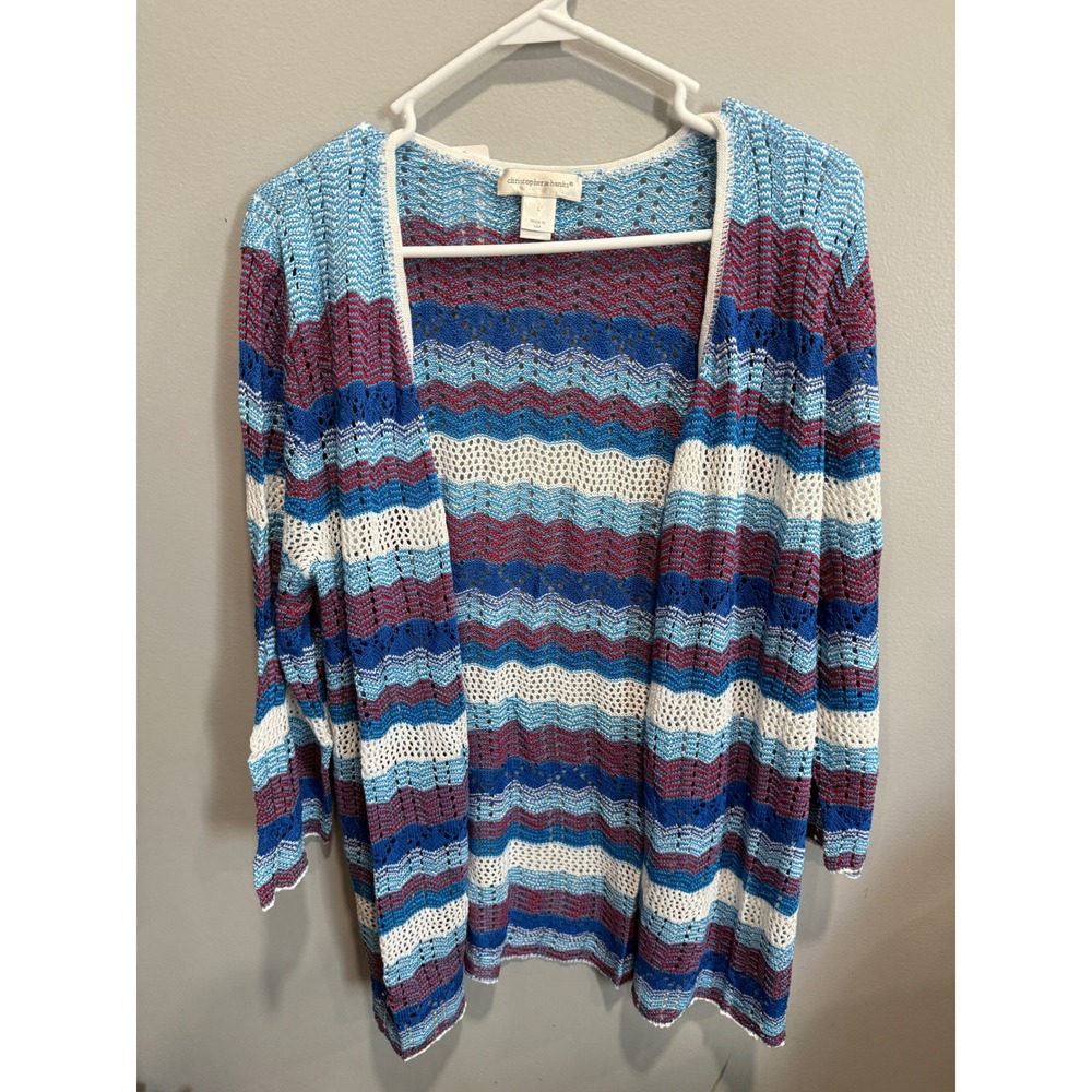 Christopher & Banks Open Front Cardigan Blue Purple Striped Pointelle Knit Large